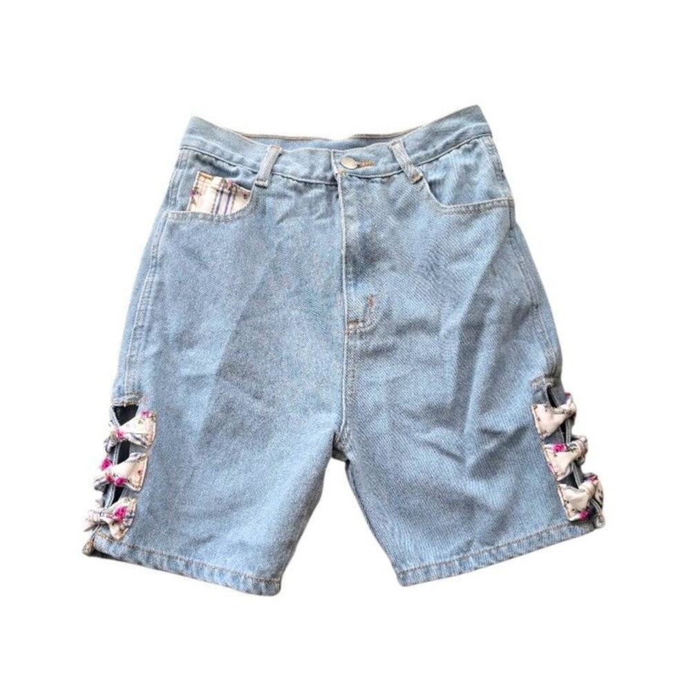 Vintage La Belle Bouquet Denim Floral Bow Jean Shorts Girl SZ 12
